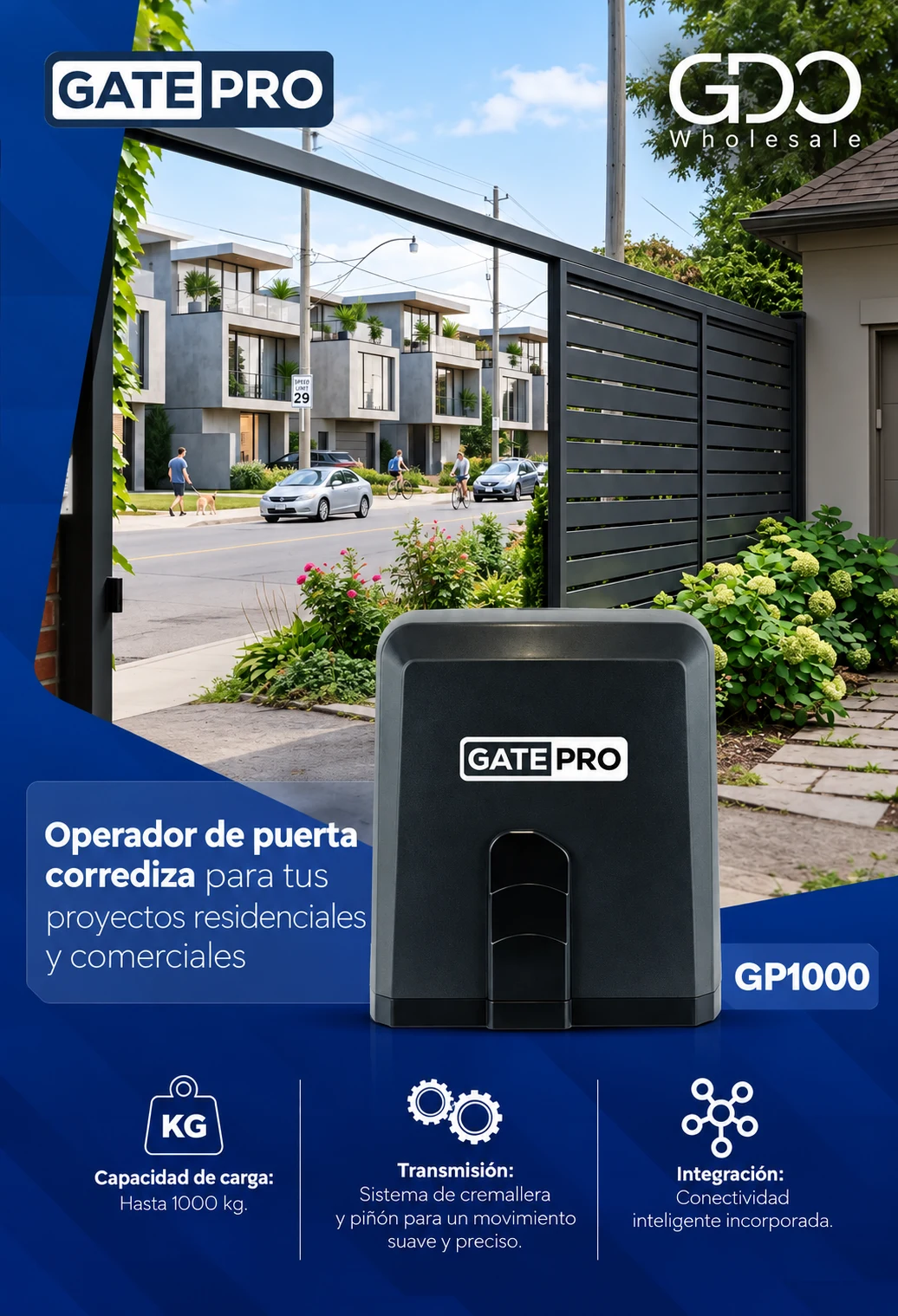 GatePro GP1000: operador de puerta corrediza para proyectos residenciales y comerciales. Carga hasta 1000 kg, transmisión de cremallera y piñón y conectividad inteligente